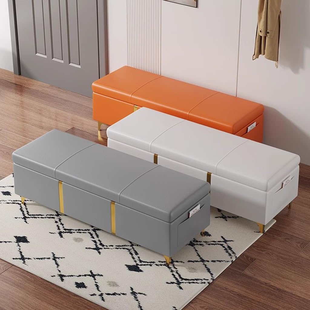 Pouf portaoggetti rettangolare in ecopelle con base dorata per ingresso, poggiapiedi extra lungo, ideale per camera da letto e soggiorno