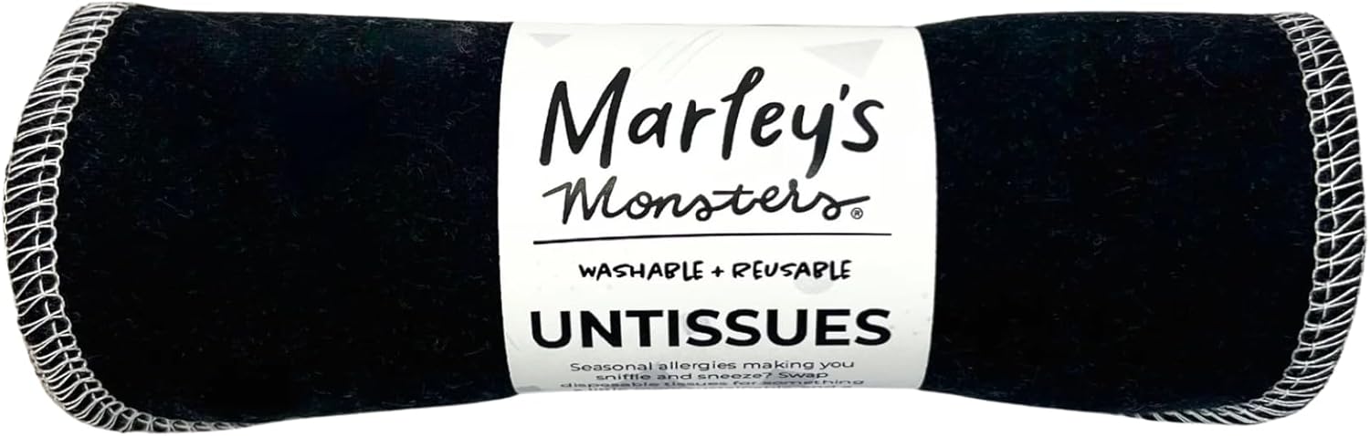 Marley's Monsters UNtissues – 12 Pack Reusable Cotton Facial Tissues – Soft Flannel Handkerchiefs for Sensitive Skin – 7" x 8" Eco-Friendly Washable Wipes – Handmade in USA (Black)