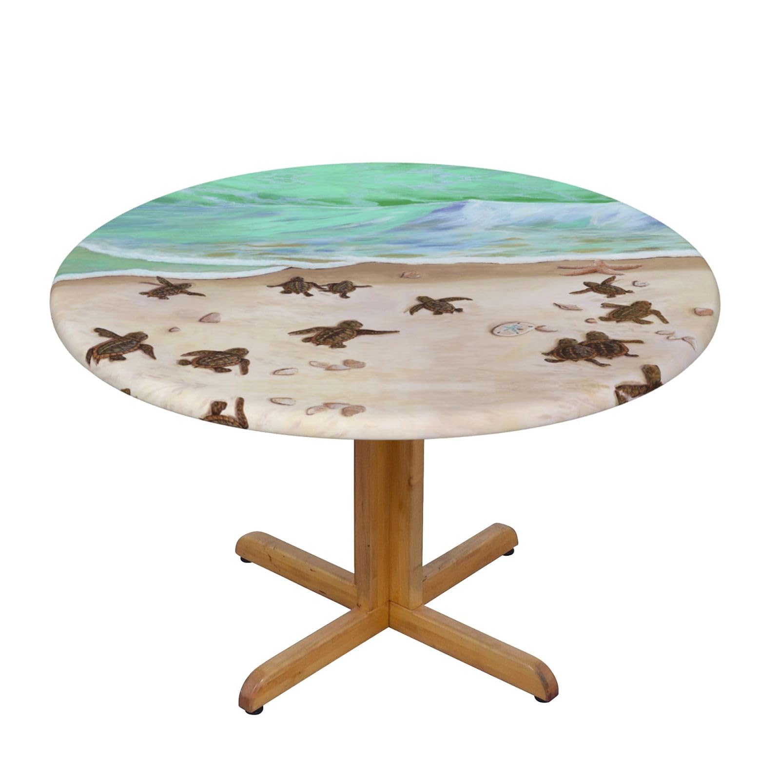 ESNAIUVCD Turtle Beach print Waterproof Round Tablecloth,Outdoor Table Cloth with Elastic Edged, Elastic Tablecloth Wipeable, Garden Table Cloth Suitable for sizes 90cm-140cm
