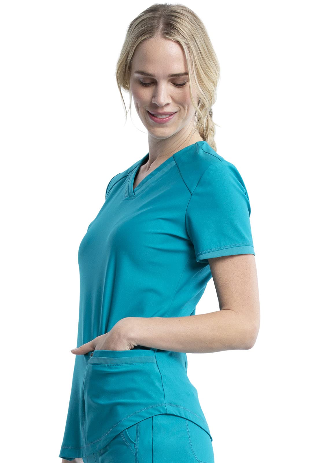 Cherokee Conjunto de uniforme médico para mujer, 7 bolsillos, cuello en V, dobladillo curvado CK840 y pantalón de pierna cónica de tiro medio CK095, azul caribeño, parte superior XXS y pantalón XS