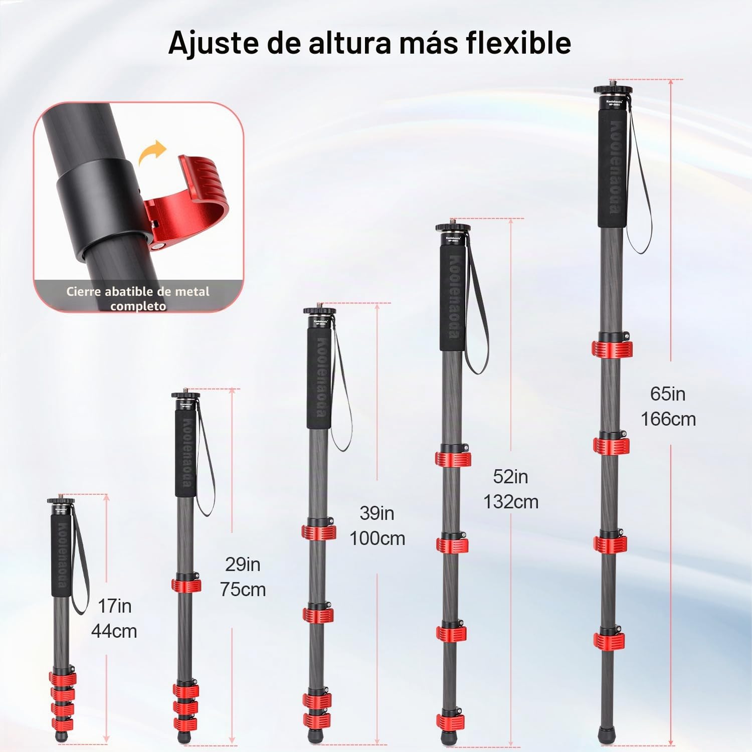 Koolehaoda Monopie de Fibra de Carbono para Cámaras, 44-166cm Monopie Extensible, Tubo de 28mm, Compacto Portátil Monopie para Cámara Canon Nikon Sony DSLR. Carga máxima 10kg - MP285EC