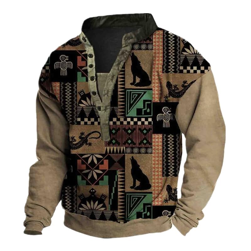 Hombres Tótem étnico de Manga Larga T Shirt Cuello en V Button Down Henley Camisas Estilo Indio Americano 3D Impreso Sudadera Vintage Distressed Calle al Aire Libre Pullover Ropa