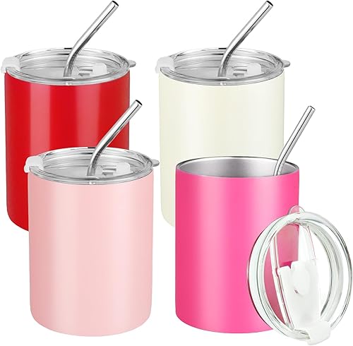 Puraville Paquete de 4 vasos aislados de 12 onzas con tapa y pajilla, taza de café de doble pared de acero inoxidable con tapa, juego de 4, taza de