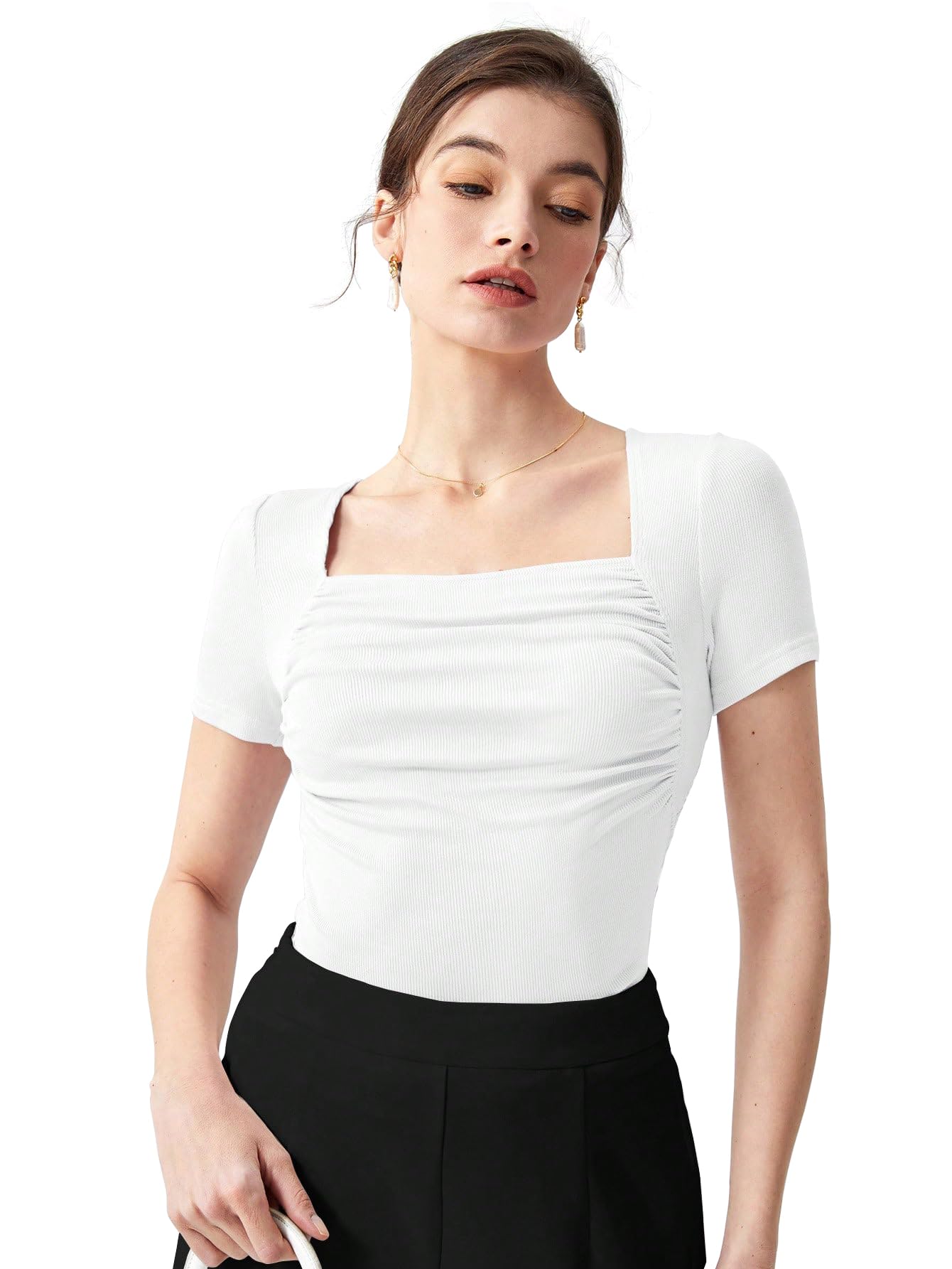 Shasmi Women's & Girl's Polyester Summer Square Neck Solid Color Ruched Tee Workwear Pleated Casual Regular Fit T-Shirt