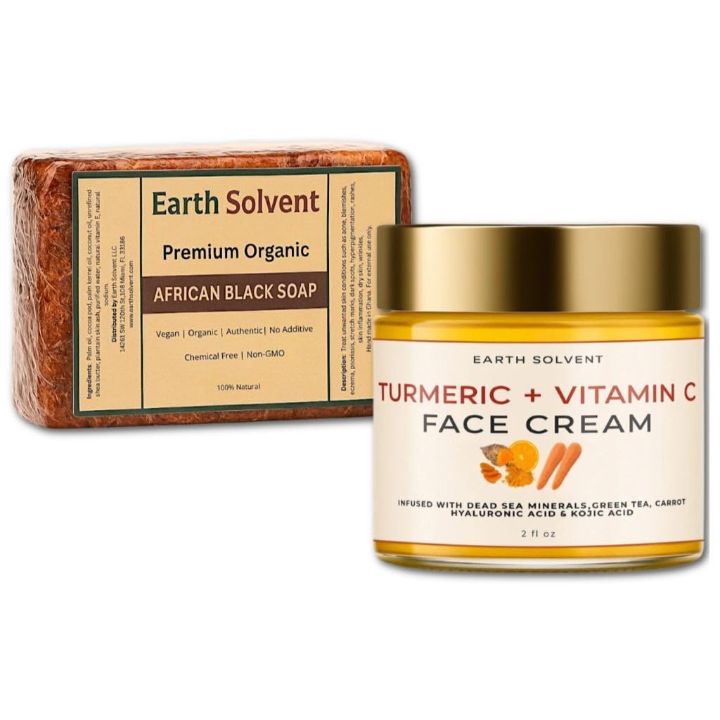 Premium Organic African Black Soap, for Acne Skincare. Pure & Natural Ingredients for All Skin Types - Turmeric Vitamin C Face Cream with Hyaluronic Acid & Kojic Acid (Included)