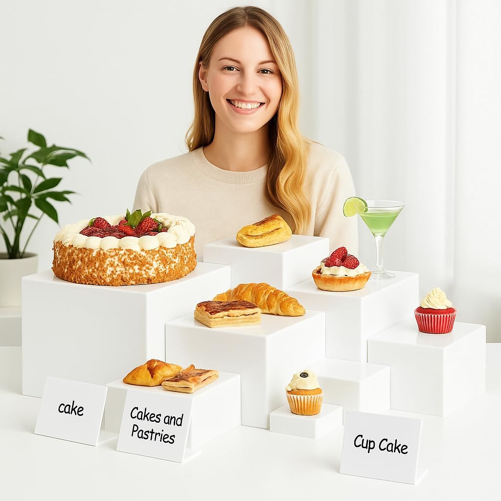 16-Piece Acrylic Display Set, 8 Nesting Risers with Hollow Bottoms and 8 Display Stands Included, Elevate Your Party Table with 3"-10" White Square Risers for Cakes, Cupcakes, and Snacks