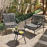 EAST OAK 3-Piece Patio Furniture Set, Outdoor Bistro Set with PE Rattan Wicker Wide Chairs, Soft Pads & Coffee Table, Modern All-Weather Wicker Patio Set for Garden and Porch, Misty Grey