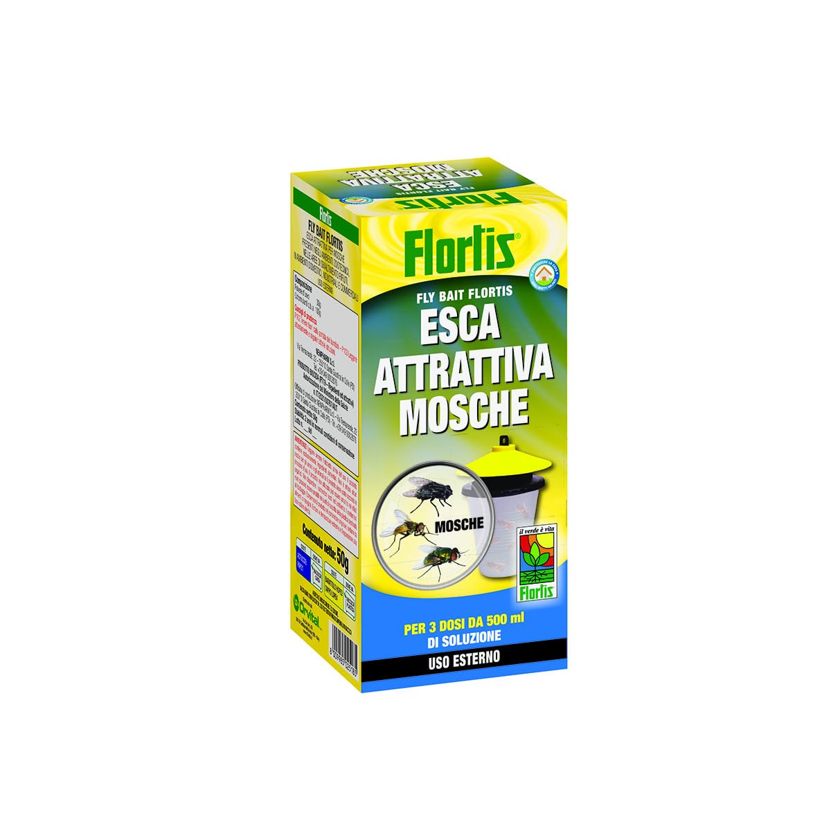 Flortis Esca attrattiva mosche per la cattura delle mosche. Prodotto biocida uso esterno. 3 dosi per 500ml di trappola mosche esterno. Esca mosca, moscone e insetti. Antimosche attrattivo granulare.
