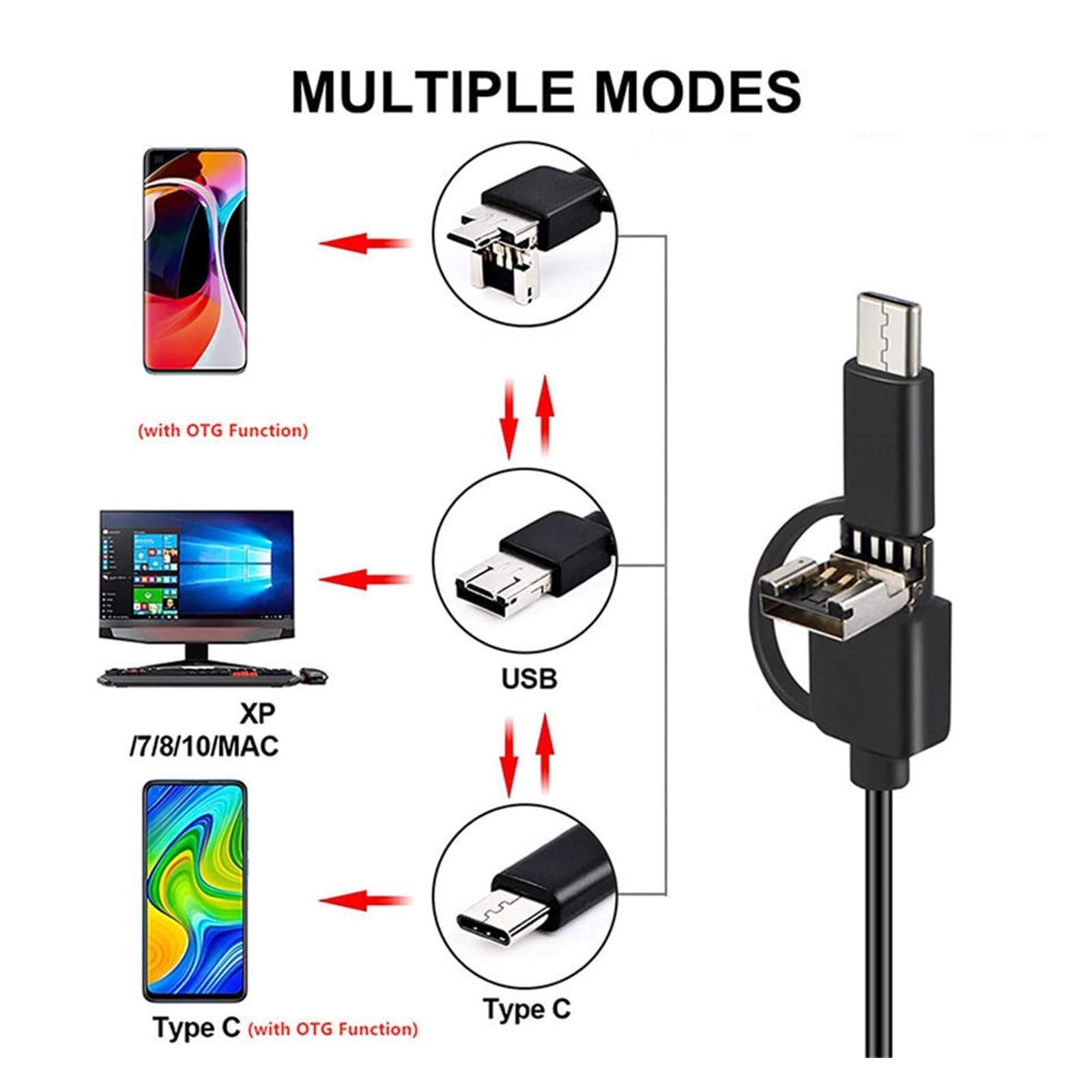 Industrielle Endoskopkamera 7 mm, IP67 wasserdicht, Inspektions-Boreskop, 6 LEDs, verstellbar, Kfz-Anschluss, USB Typ-C, Micro-USB