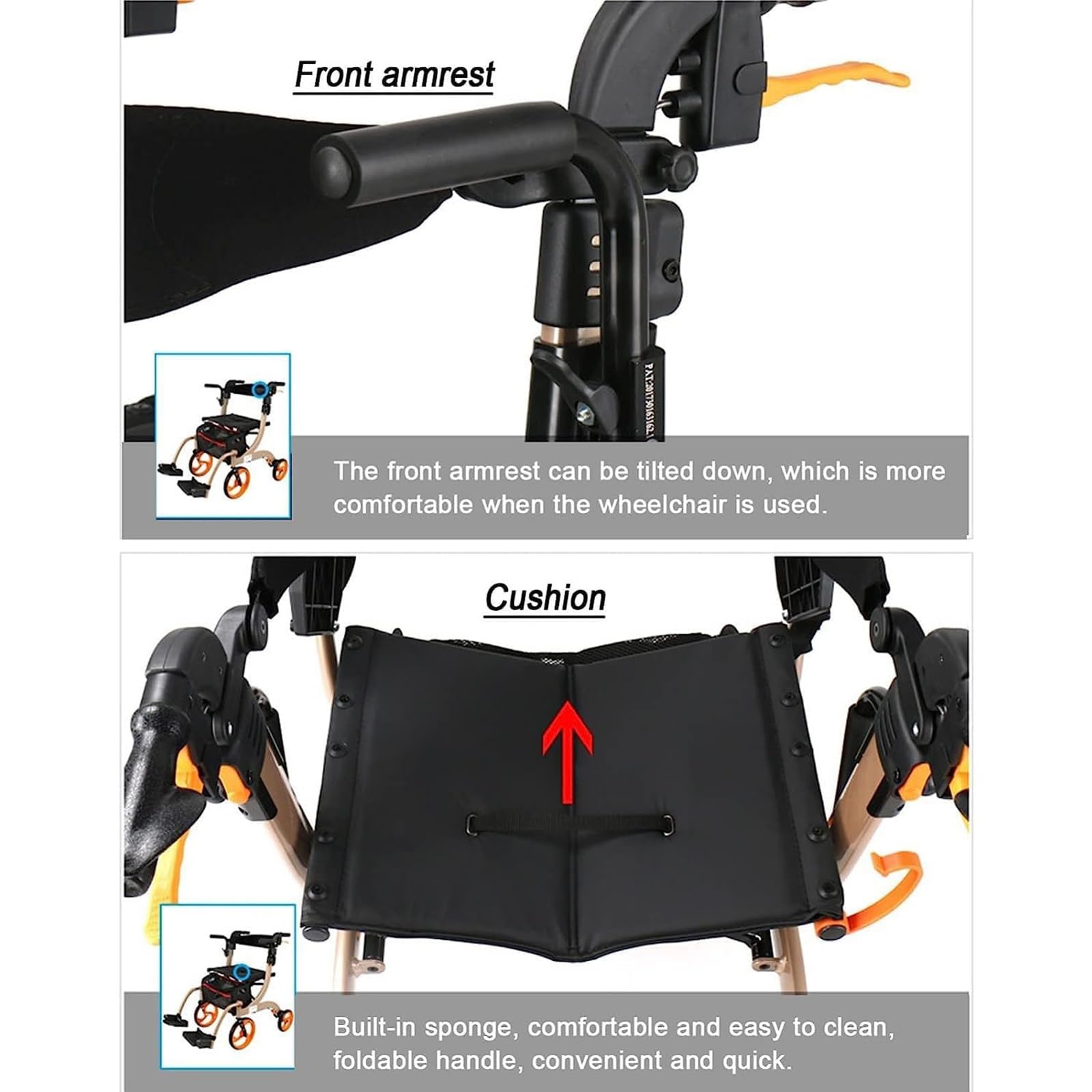 Rollator Walker with Seat Seniors 2-w-1 Rollator Walker Wheelchair Combo Transport Wheelchair Lightweight Foldable 220lb Collapsible 4 Wheel Transport Chair w/Brake Footrest Pouch