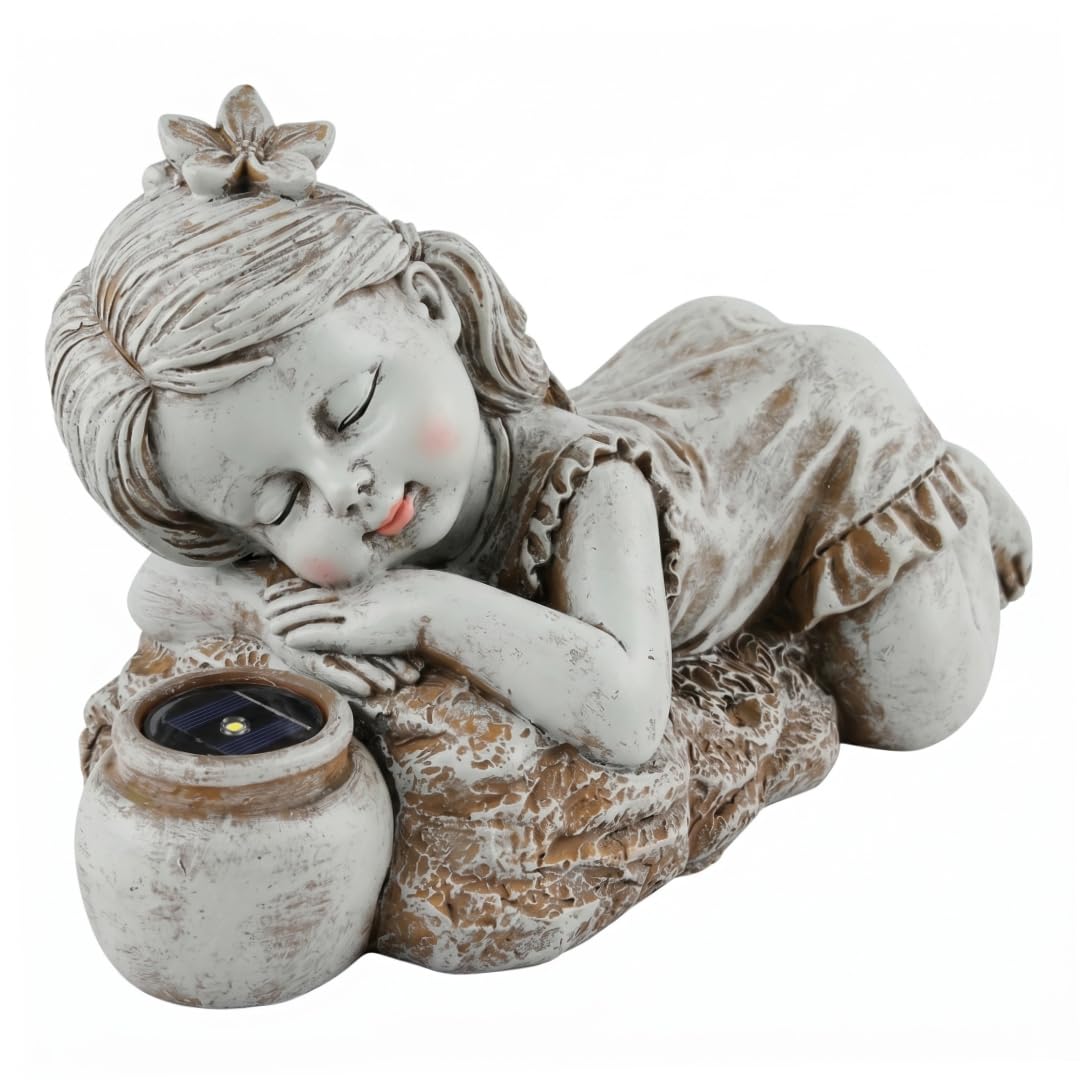 AwnsIMfreien Solar Statues for Yard and Garden, Waterproof Resin Boy Garden Statue Outdoor Solar-Powered Kids Figurine, Girl, Boy and Girl Statues Outdoor