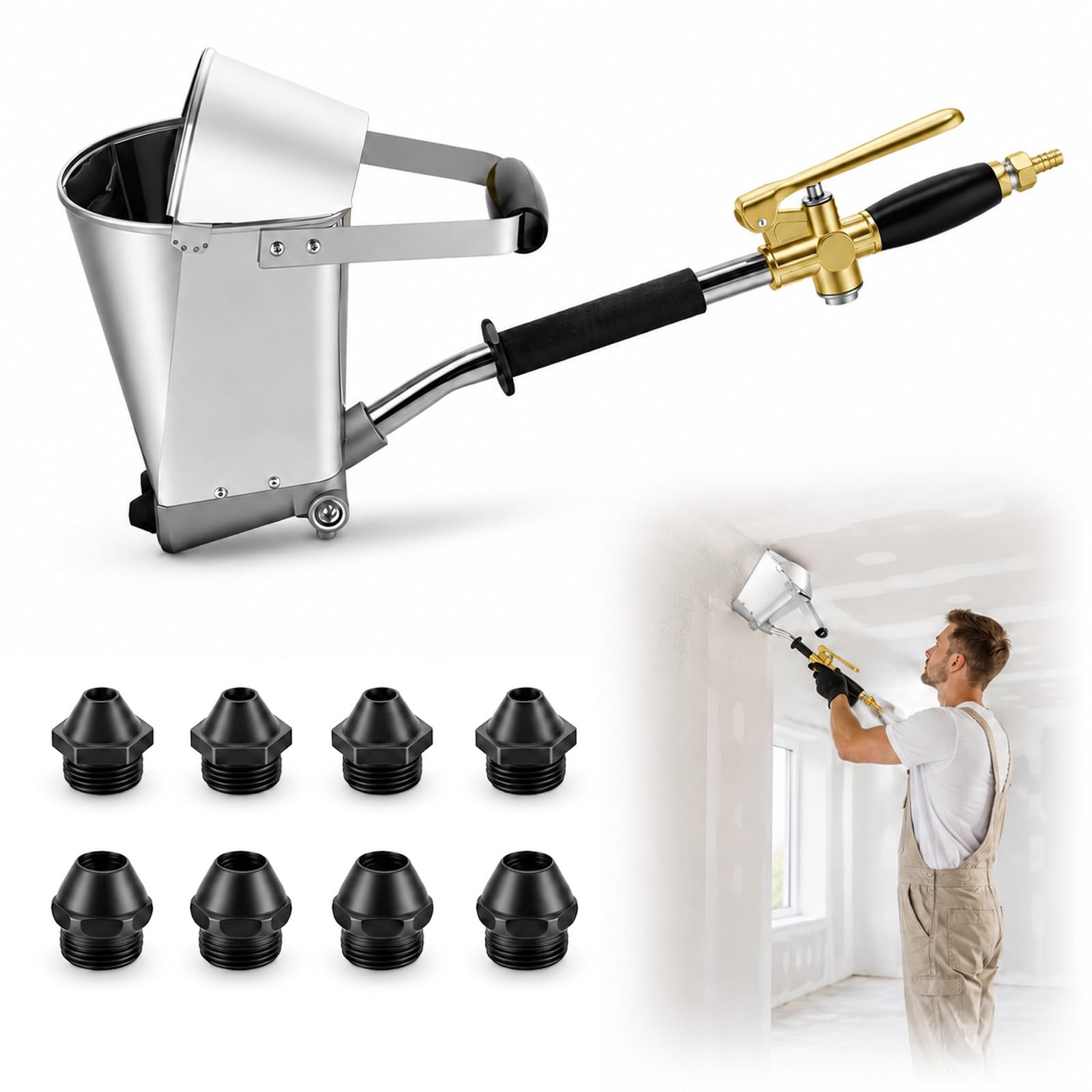 Pistolet pulvérisateur de mortier 4 buses, pistolet pneumatique à ciment avec grand entonnoir – Machine de nettoyage pour mur et plafond, machine de plâtre pour mortier, plâtre, ciment, pulvérisateur