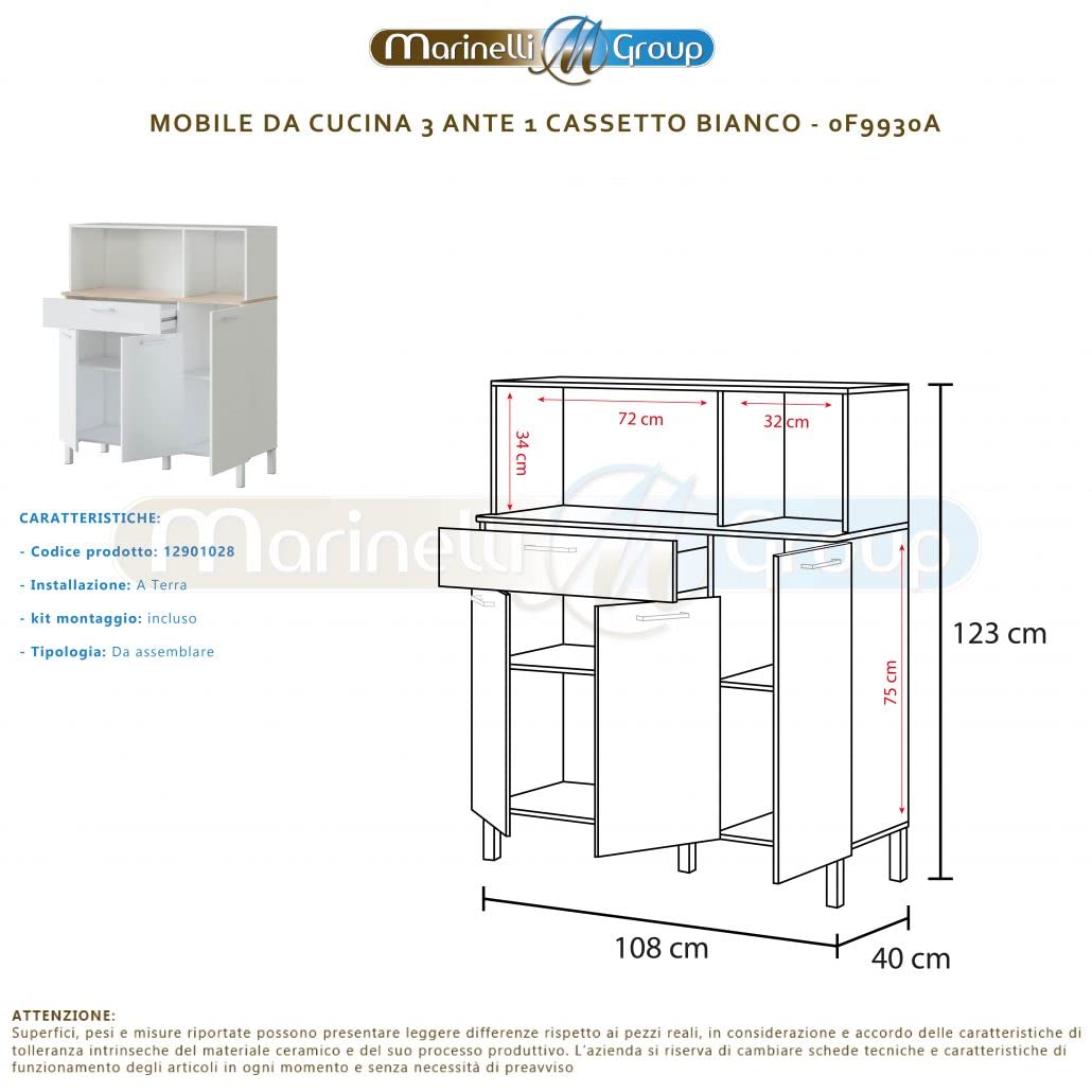 MarinelliGroup Mobile credenza cucina moderno BIANCO+ROVERE 3 ante cassetto 108 X 40 X 126 cm 0F9930A