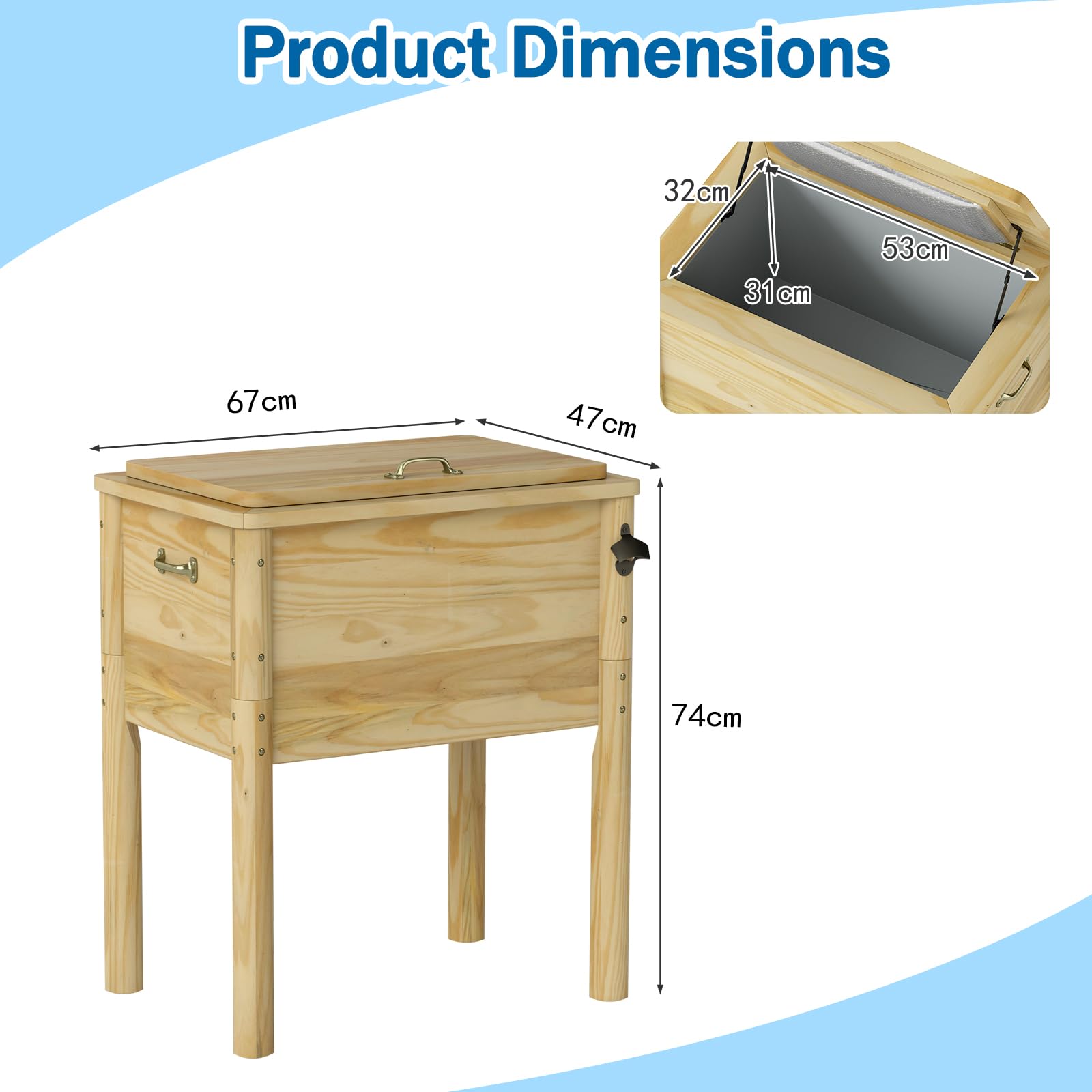 SOARS Frigorifero per rotelle, 51 l, bar all'aperto mobile 67 x 47 x 74 cm, tempo di mantenimento 2-4 ore, materiale in legno di pino solido, per giardino, terrazza, piscina, bistrot, naturale