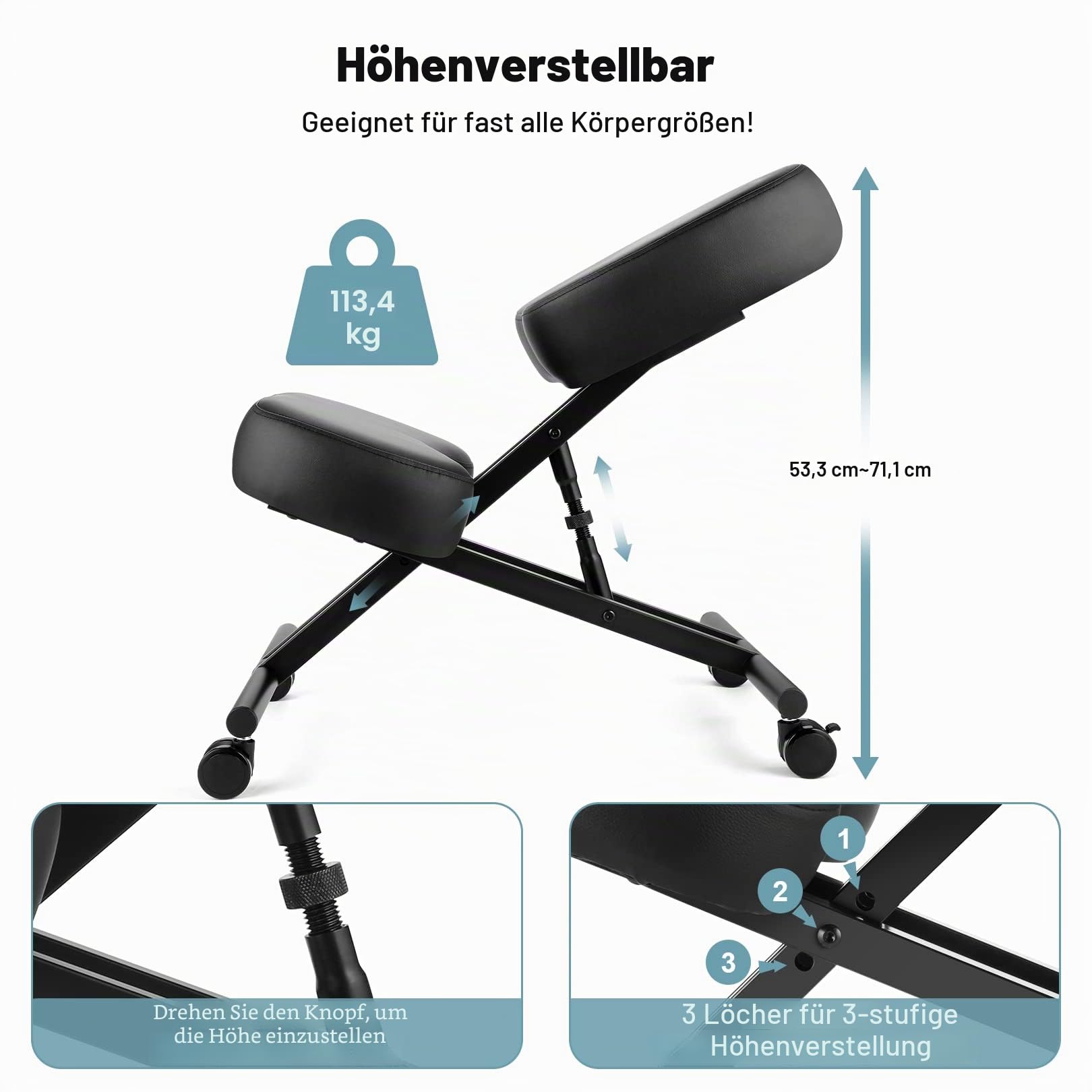 Kniestuhl Ergonomischer, Verstellbarer Kniehocker Stuhl für Büro, Metallgestell + Leder Bürostuhl Sitzhocker mit Knieablage, Rollen, 3" Kissen, Hocker zu Verbessert Haltung & Rückenschmerzen