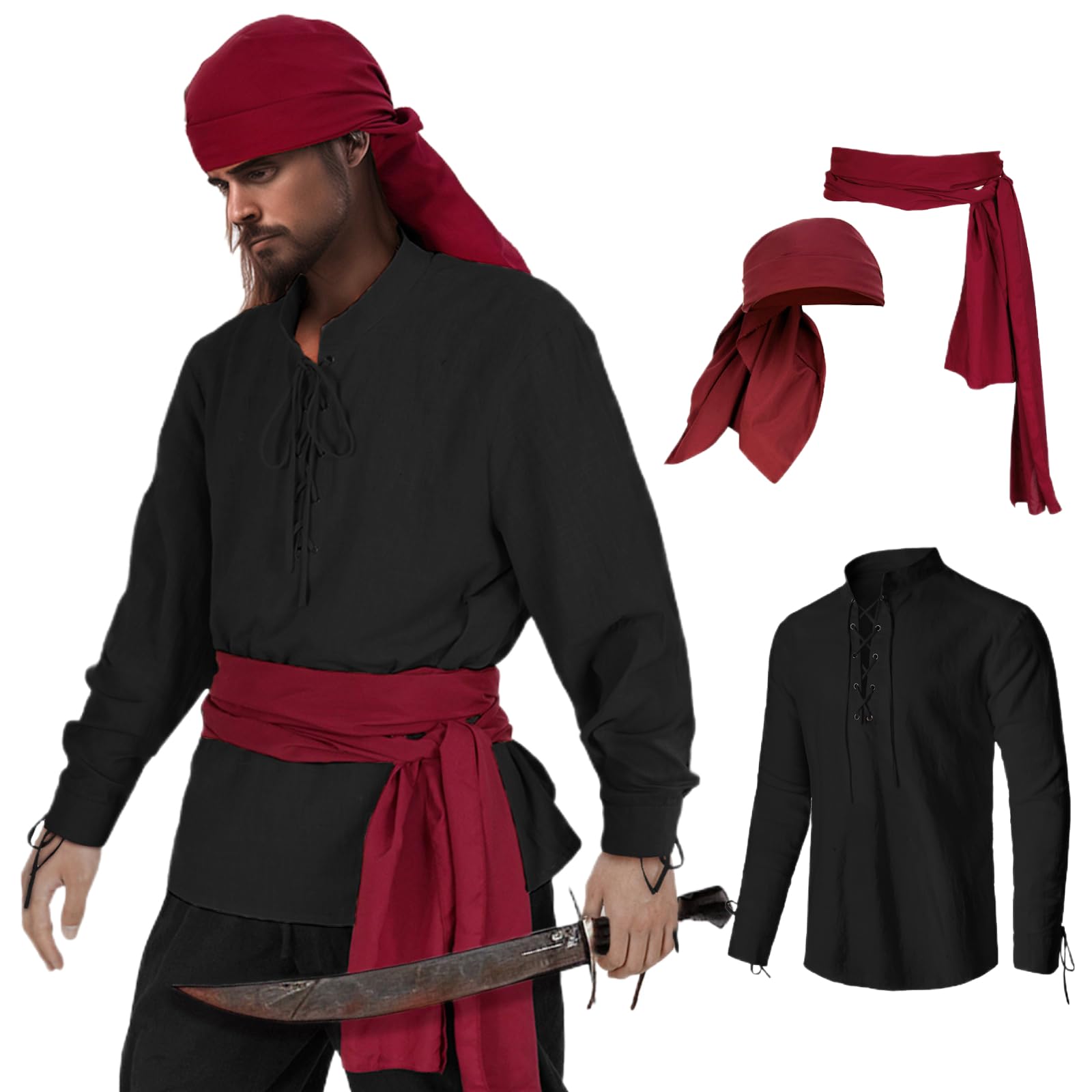 HSDOU Mens Pirate 3 Pcs Costume Set Renaissance Pirate Shirt Medieval Costume Viking Halloween, Z3760bk, 4XL