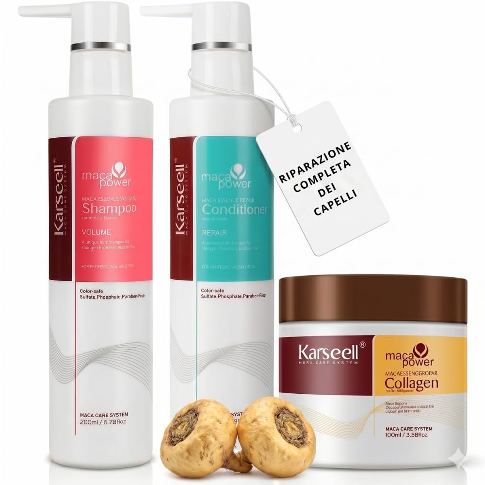 Karseell MACA CARE SYSTEM Set Maschera al Collagene 100ml + Shampoo Volumizzante 200ml + Balsamo Riparatore 200ml Idratazione Volume Riparazione Lucentezza Morbidezza Capelli Secchi e Danneggiati