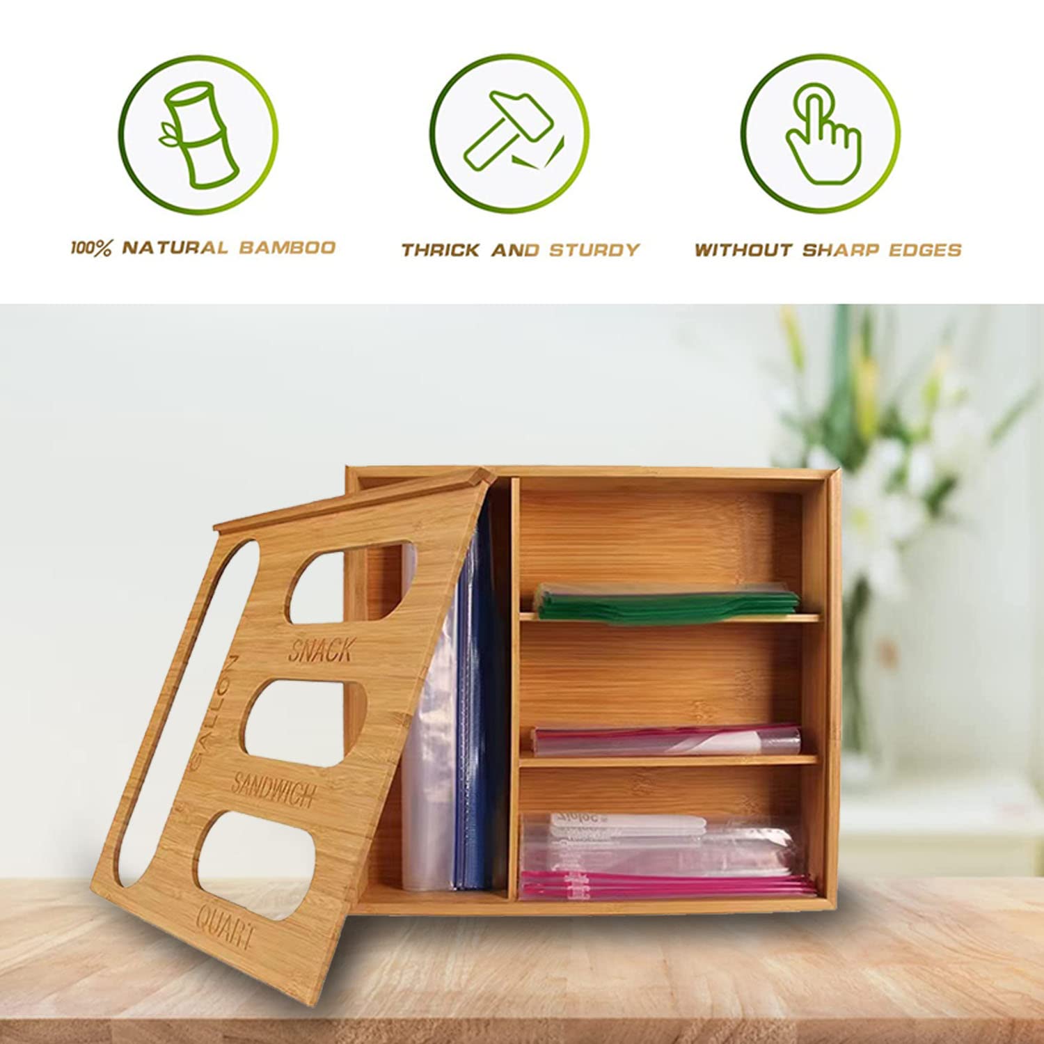 Dispenser organizer per sacchetti a chiusura lampo per cassetti da cucina, in bambù, compatibile con Ziploc, Solimo, Gallon, Quart, Sandwich, Snack