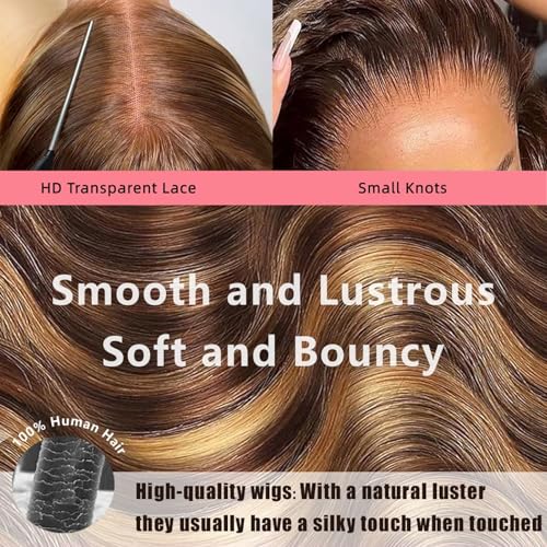 Image of 32 Inch 4 /27 Highlight 13x4 Body Wave Lace Front Wigs Human Hair 180 Density Glueless HD Transparent Honey Blonde Ombre Lace Frontal Wigs Pre Plucked With Baby Hair Colored Wig For Women