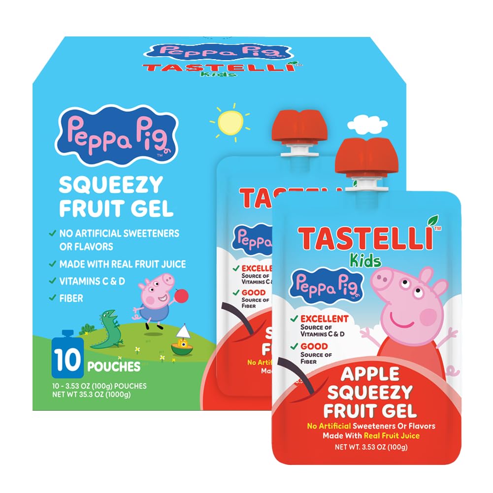 Tastelli Peppa Pig Kids Squeezy Fruit Gel – Mango Flavor – No Artificial Sweeteners or Flavors, Made with Real Fruit Juice, Fiber-Rich Prebiotic Gut Support, Vitamins C & D, Vegan, Gluten-Free - 24 Count