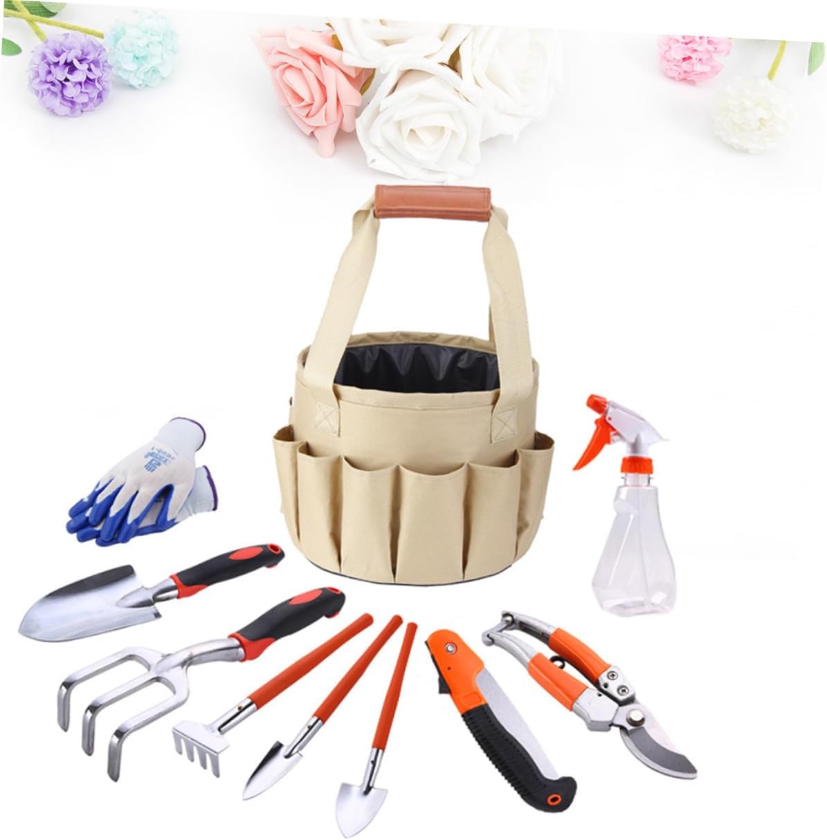 SUPVOX 10pcs Aluminum Alloy Garden Tool Set with Plastic Handles, Including Wide Shovel, Rakes, Hand Saw, Pruner, Gloves, and Watering Can, Portable Gardening Kit for Random Color