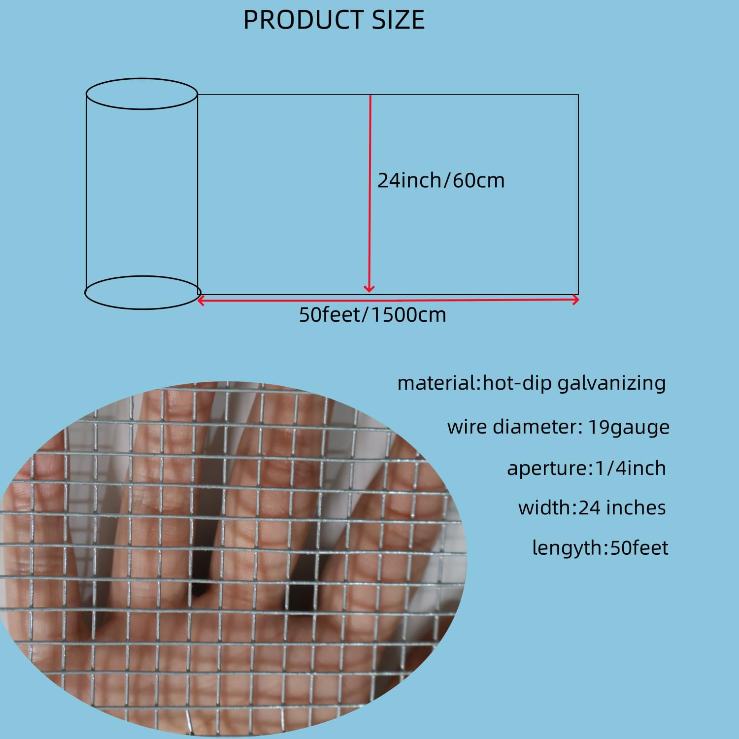 19 Gauge Galvanized Hardware Cloth, Welded Wire Metal Roll Chicken Fence Wire Mesh Screen Roll, Garden Rabbit Fencing, Snake Fence, Chicken Gopher Racoons (1/4 Inch-24Inch x 50Ft)
