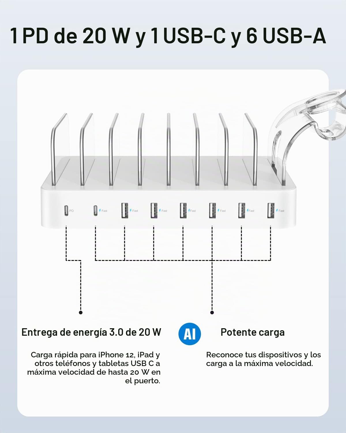 SooPii Estación de Carga USB C, estación de Carga para computadora portátil de 7 Puertos y 70 W con un Puerto de Suministro de energía de 30W