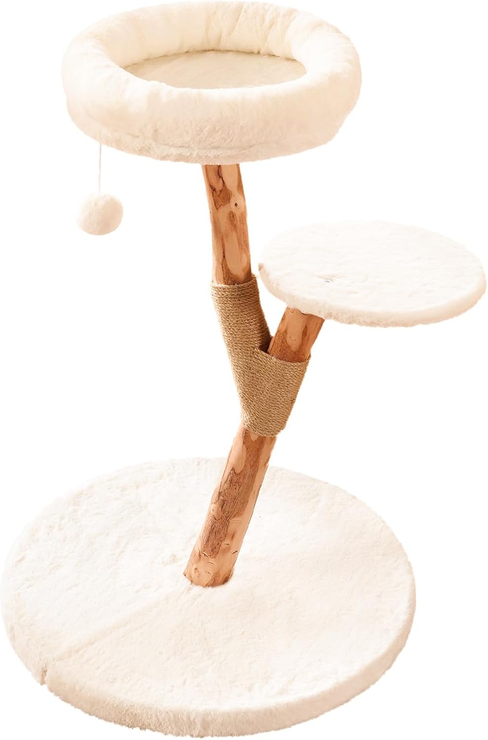 Modern Cat Tree Tower for Indoor Cats, 2-Tier Cat Furniture with Natural Wood Posts, Soft Plush Bed, Scratching Post & Hanging Ball Toy, Stylish Cat Climbing Tower Small Cat tree