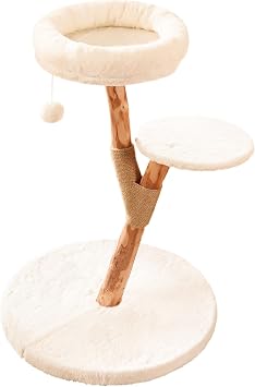 YOCAN Modern Cat Tree Tower for Indoor Cats, 2-Tier Cat Furniture with Natural Wood Posts, Soft Plush Bed, Scratching Post & Hanging Ball Toy, Stylish Cat Climbing Tower