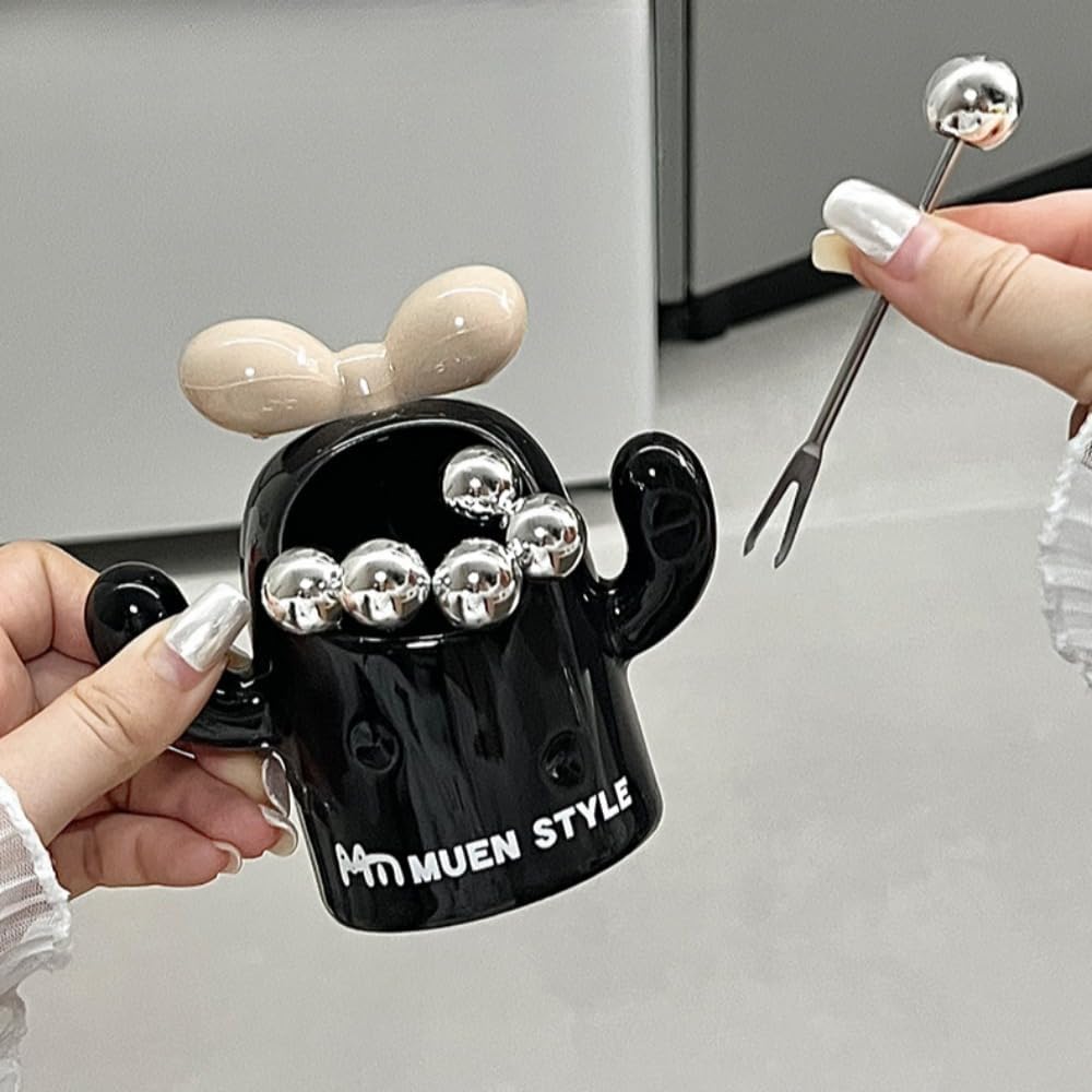 (6 Pieces) Cactus Ceramic Storage Jar Fruit Fork Set Light Luxury Home Decoration Stainless Steel Fruit Fork Souvenir (White)