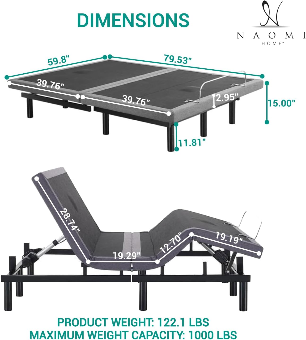 Naomi Home Idealbase Queen Adjustable Bed Frame with Lumbar Support & Head Tilt, Foot Incline, Back & Leg Massage, USB Ports,Wireless Remote, Ergonomic Zero-Gravity Smart Bed