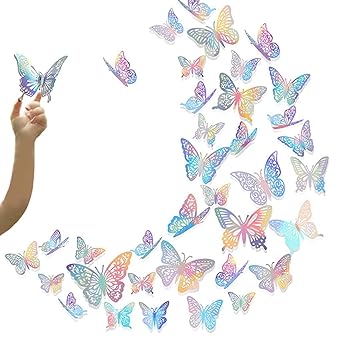 HASTHIP 60pcs 3D Butterfly Wall Stickers Decor Rainbow Silver Butterfly Stickers Hollow Mural Decals DIY Decorative Wall Art Crafts for Baby Room Home Decor Refrigerator Decoration