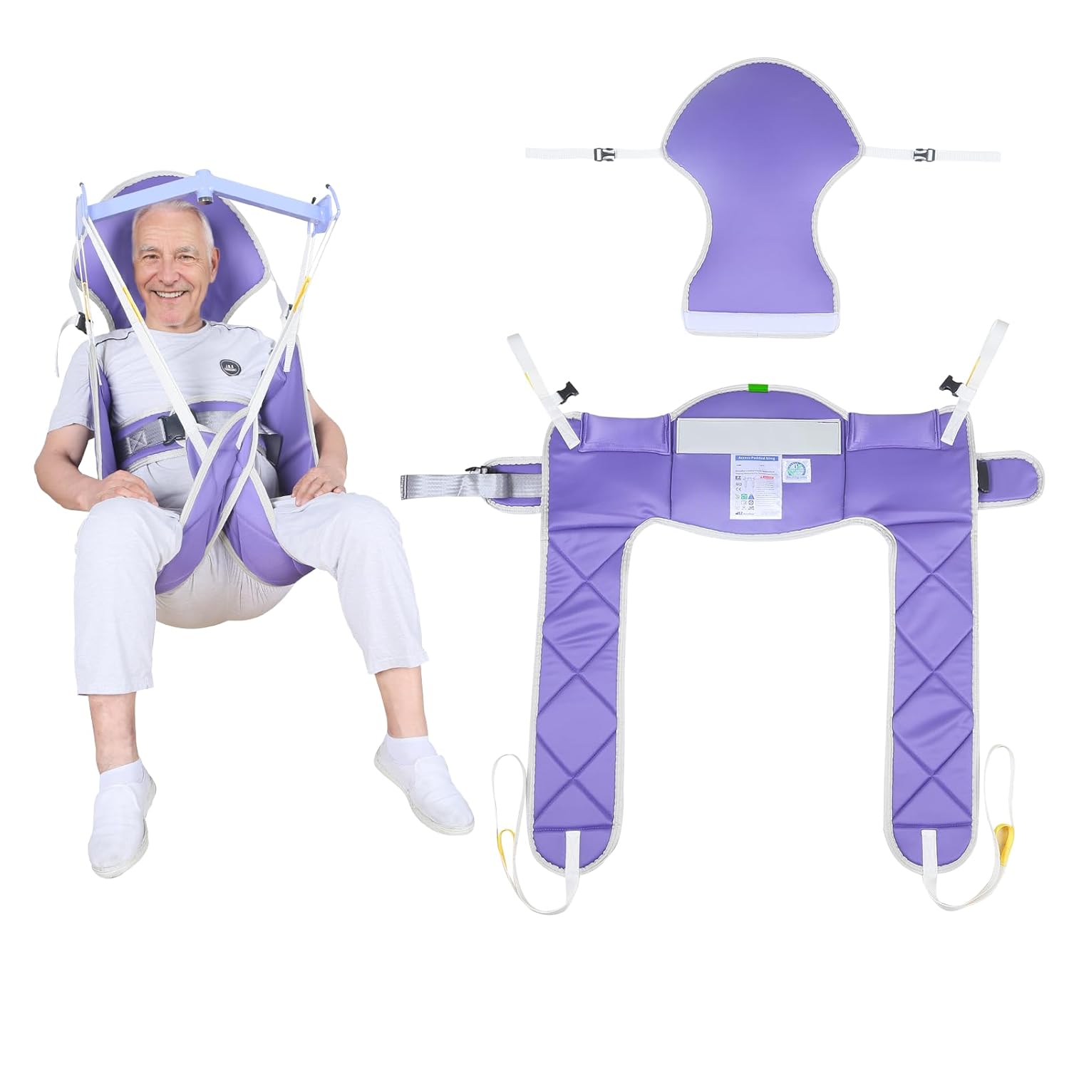 Patient Lift Sling with Padding for Elderly/Disabled/Handicap Bath or Toileting,500 lbs SWL (Large, with Head Support)