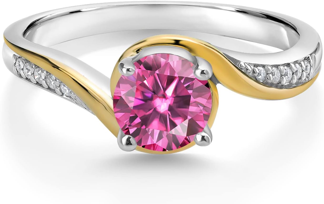 Gem Stone King 925 Sterling Silver and 10K Yellow Gold Customized and Personalized 6MM Round Gemstone Birthstone and White Lab Grown Diamond Name Engraved Engagement Ring For Women