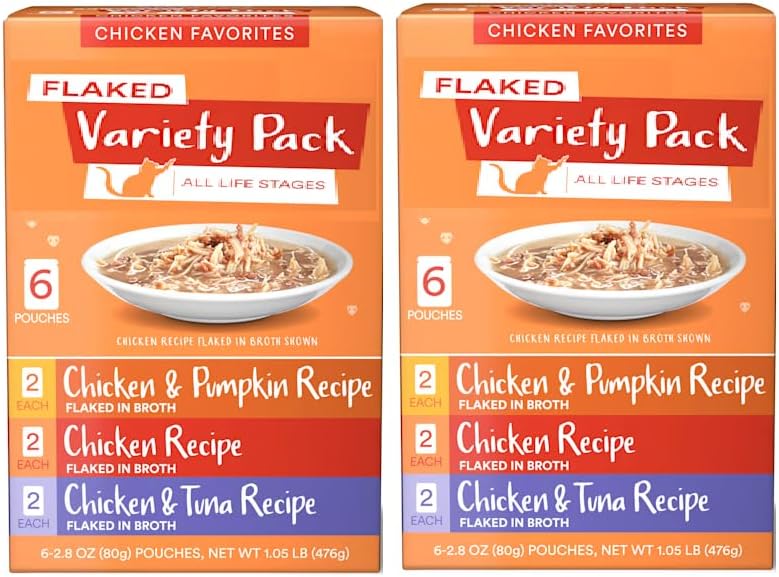 Grain-Free Flaked Wet Cat & Kitten Food Variety Pack – Real Chicken in Broth – No Corn, Soy or Wheat – Omega-3s for Skin & Coat – All Life Stages (12 Pouches, Chicken)