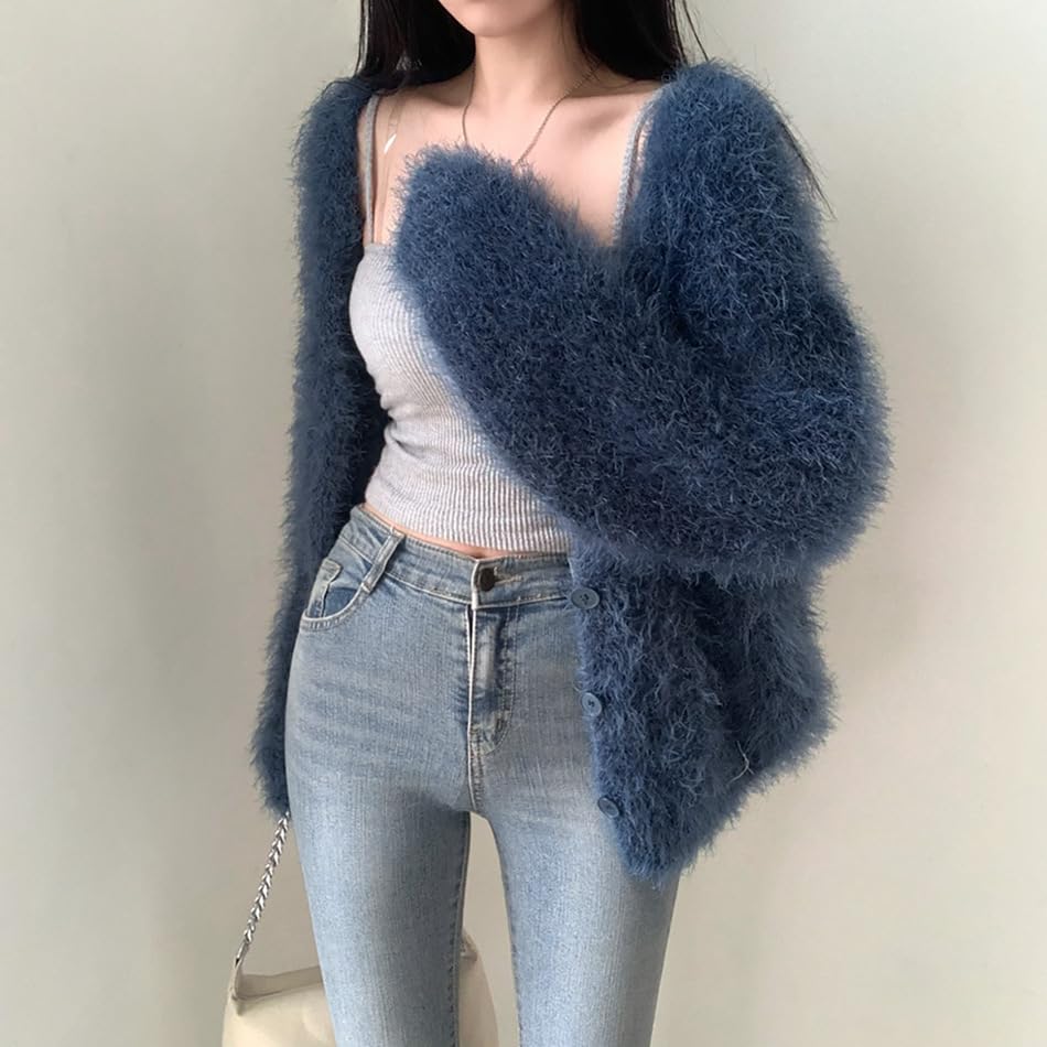 Image of Mohair Cardigan for Women - Fuzzy Open Front Oversized Faux Fur Coquette Sweater