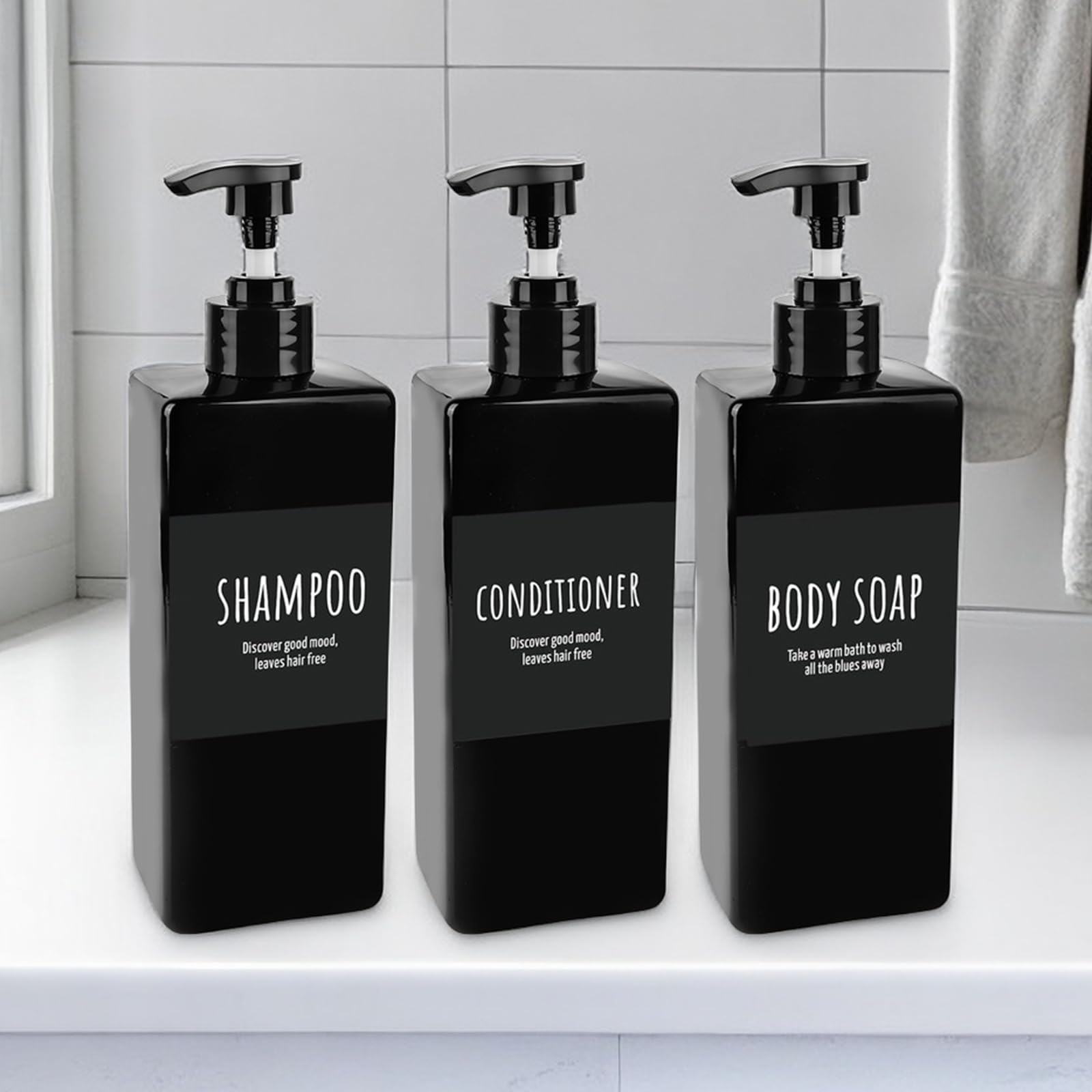 Shampooflessen om te vullen, 3-delige zeepdispenser, navulbare pompdispenser, douchegeldispenser, 500 ml, pompfles, kunststof wasmiddeldispenser met etiketten voor douche, keuken, zwart