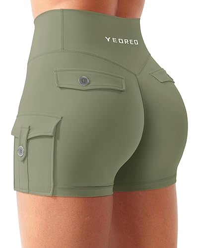 YEOREO CoreFlex Women Workout Gym Shorts with Cargo Pockets Hidden Scrunch 3.6" 4.5" Inseam No Front Seam Biker Shorts - 3.6" Inseam - Large - Army Green