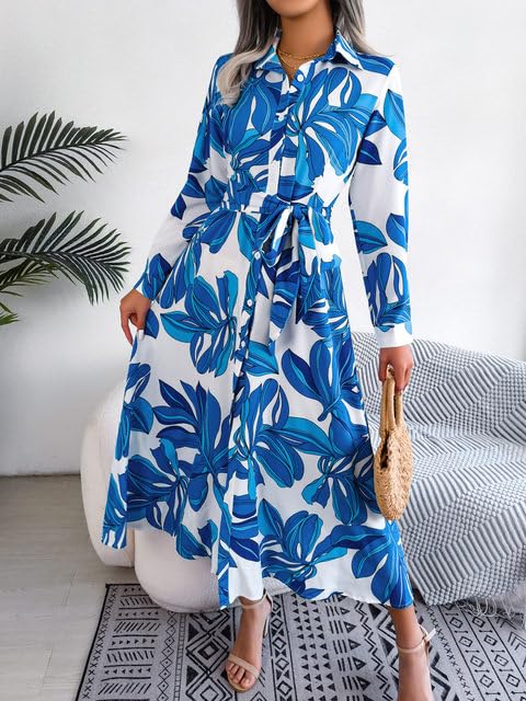 Gufrina Women's Full Sleeve Collar Neck Western Dress - Floral Print Maxi Dress with Slit and Tie-Up Belt (Blue XL) 2