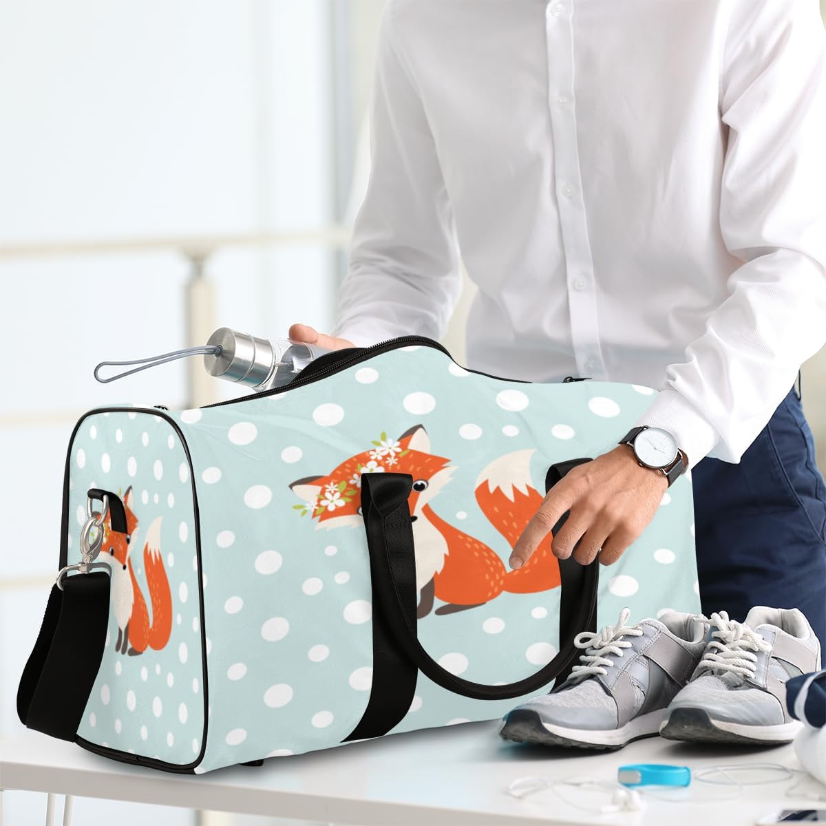 Cartoon Fox Dots Travel Duffel Bag for Women Men Large Capacity Overnight Weekender Bags for Lightweight Waterproof Sport Gym Bag for Workout Yoga Swim