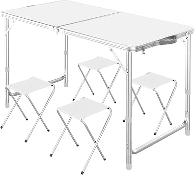 Home Use Aluminum Alloy Folding Table Bring 4 Chairs, Lightweight Folding Table Height Adjustable, Portable Camping Table, for Family Reunions, Picnics, Camping Trips White