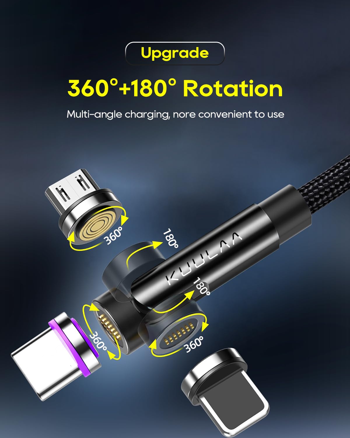 Kuulaa 7Pin Magnetic Charging Cable 2Pack - 3FT 540 Rotating Magnetic Phone Charger Cable - 3A Fast Charging Data Transfer - Nylon-Braided Cords (3ft+6ft)