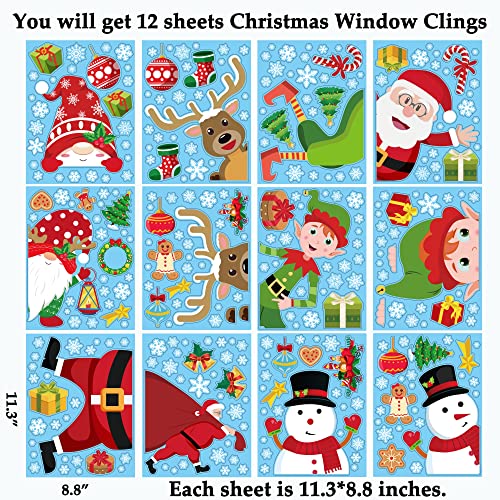 90Shine 314 Pcs 12 Sheets Christmas Window Clings Snowflake Decorations - Winter Wonderland Xmas Party Supplies - Santa Claus Elf Reindeer Gnome Peeking Decals #TOP2