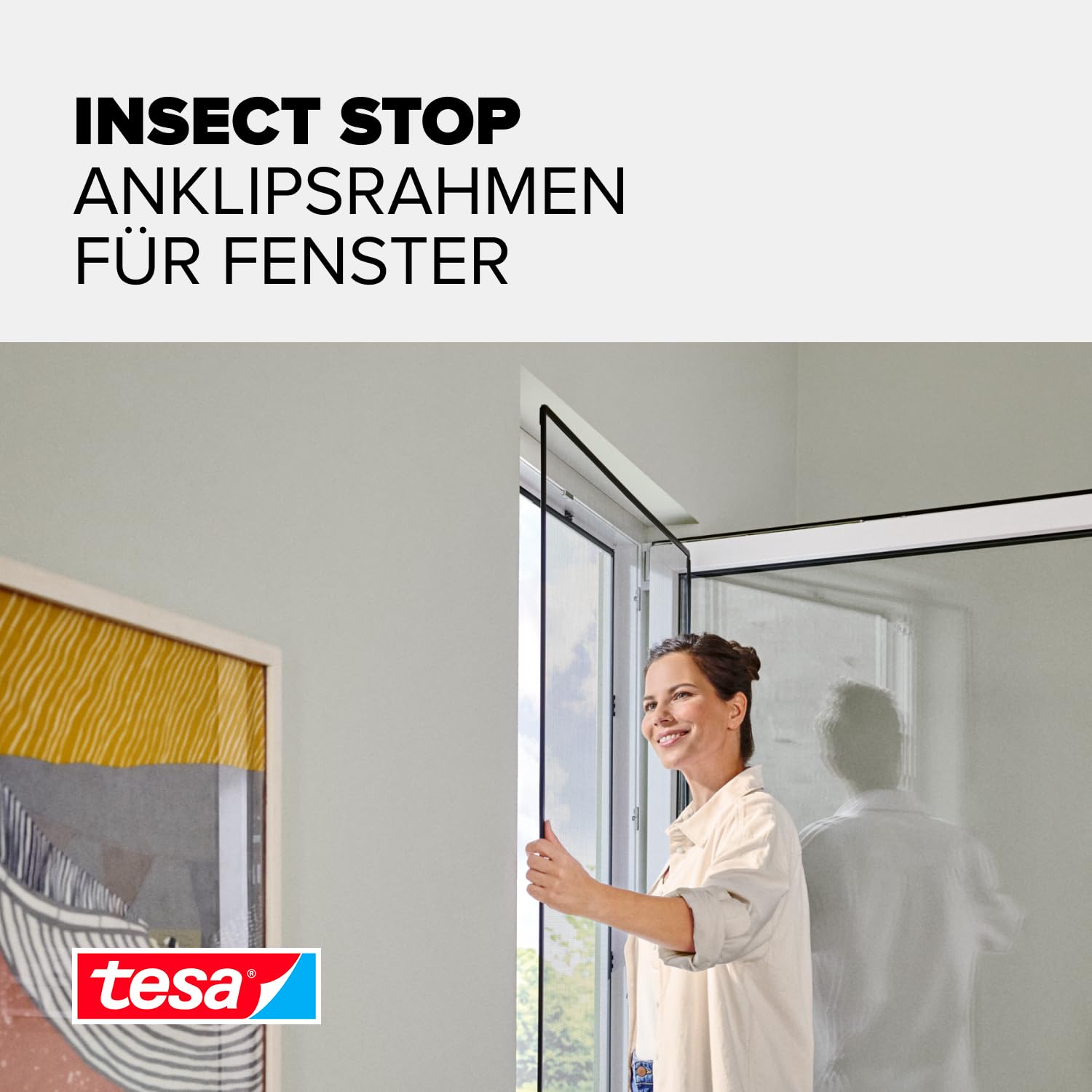 tesa Insect Stop Anklips-Rahmen Fliegengitter für Fenster - für PVC-Fenster - zuschneidbarer Rahmen, Netz aus Fiberglas, Selbstklebende Halte-Klips - 1,0 x 1,2 m - Anthrazit (Durchsichtig)