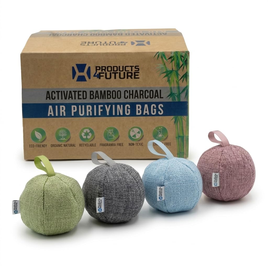 4 pack Naturally Activated Bamboo Charcoal Air Purifying Bags | Natural Home Deodorizer Bag | Charcoal Bag Odor Absorber For Pets | Odor Eliminator &amp; Moisture Absorber Air Freshener (100g Spherical)