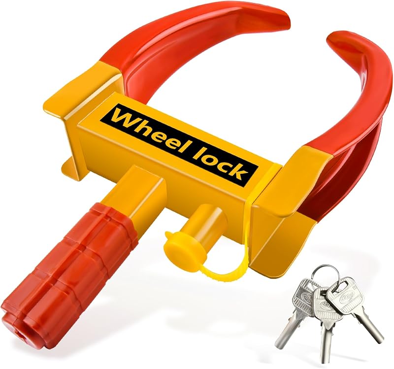 Universal Wheel Lock, Heavy Duty Tire Lock, Automobile Security Anti Theft Lock for Trailers SUV Boats ATV's Motorcycles Golf Cart with 3 Keys (Red-Yellow)