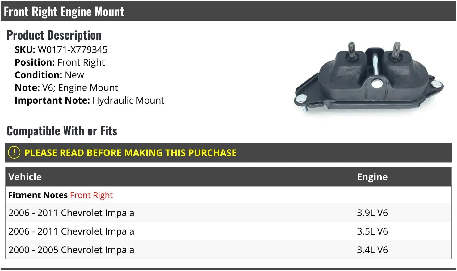 Front Right Passenger Side Hydraulic Engine Mount - Compatible with 2000-2011 Chevy Impala 3.4L, 3.5L, 3.9L V6