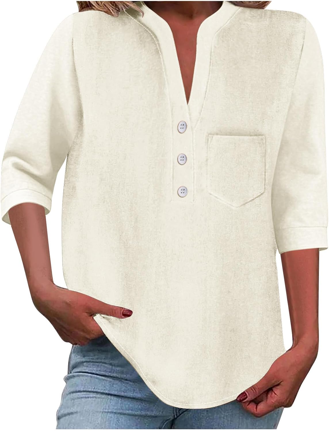 3/4 Sleeve Tops for Women Loose Fit V Neck Button Down Henley Shirts Cute Solid Summer Beach Chest Pocket Shirt