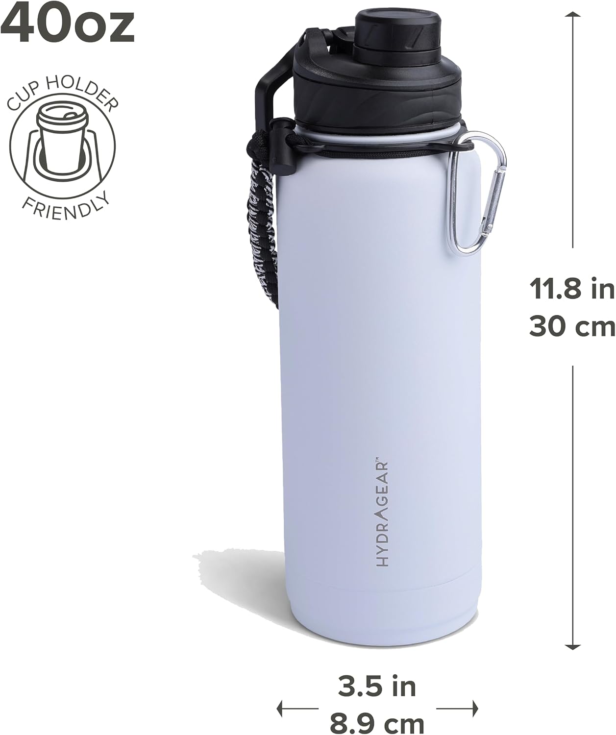 Hydragear Zenith Chugger 40 oz Stainless Steel Bottle with Carabiner, Compass, Signal Whistle, and Fire Starter - White Powder Coat