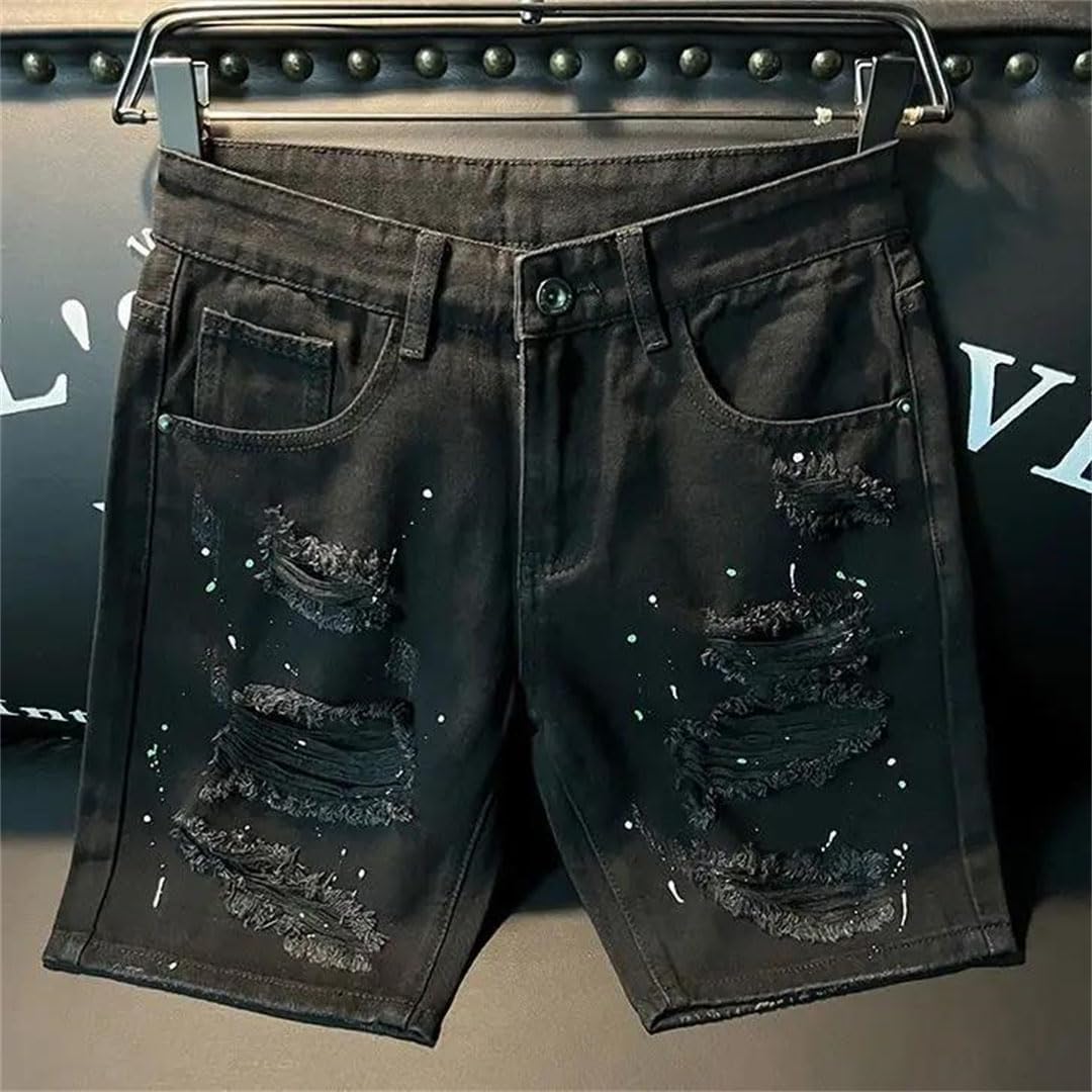 Men's Ripped Denim Shorts Slim Fit Straight Leg Korean Style Summer Shorts